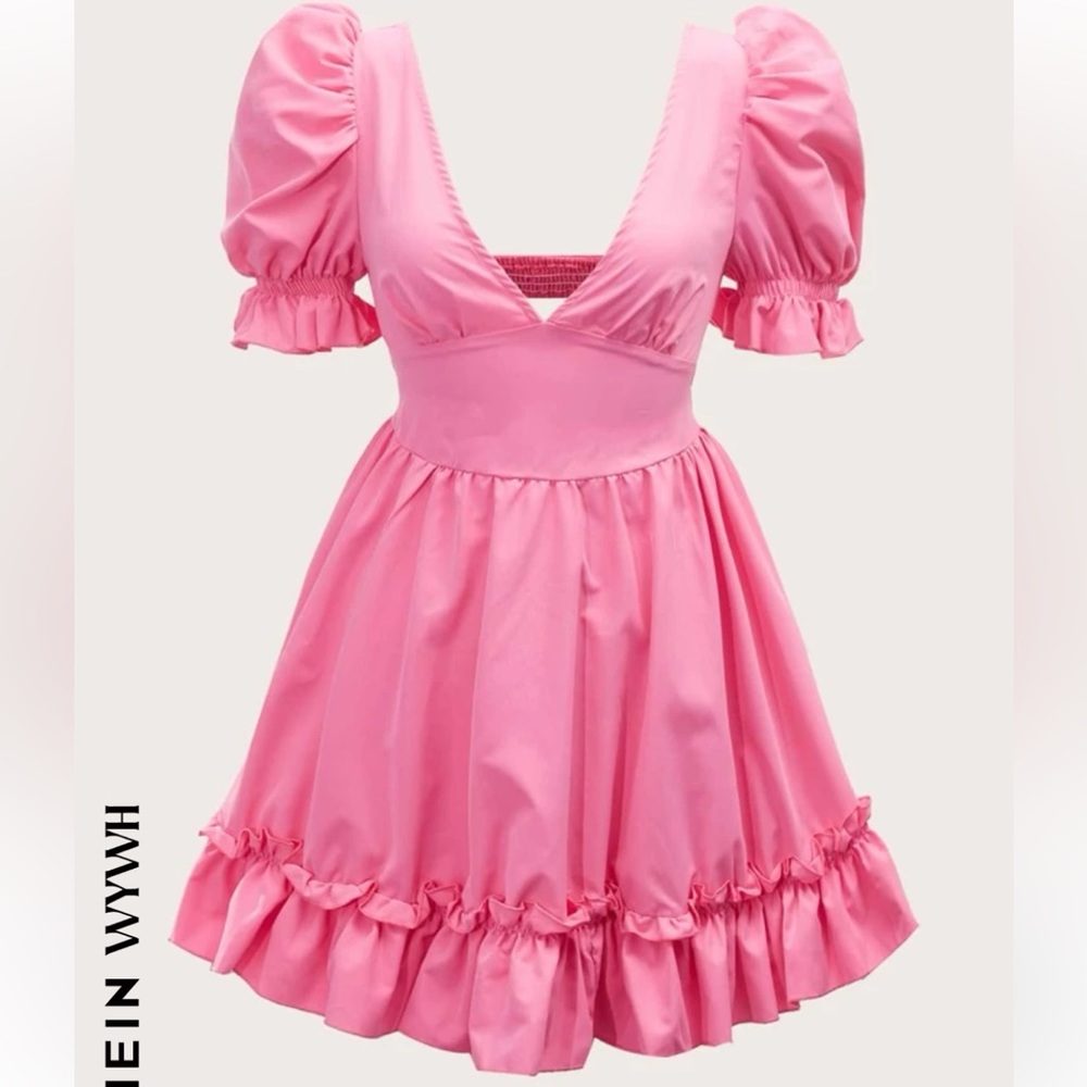 Pink Puff Sleeve Backless Ruffle Hem Dress